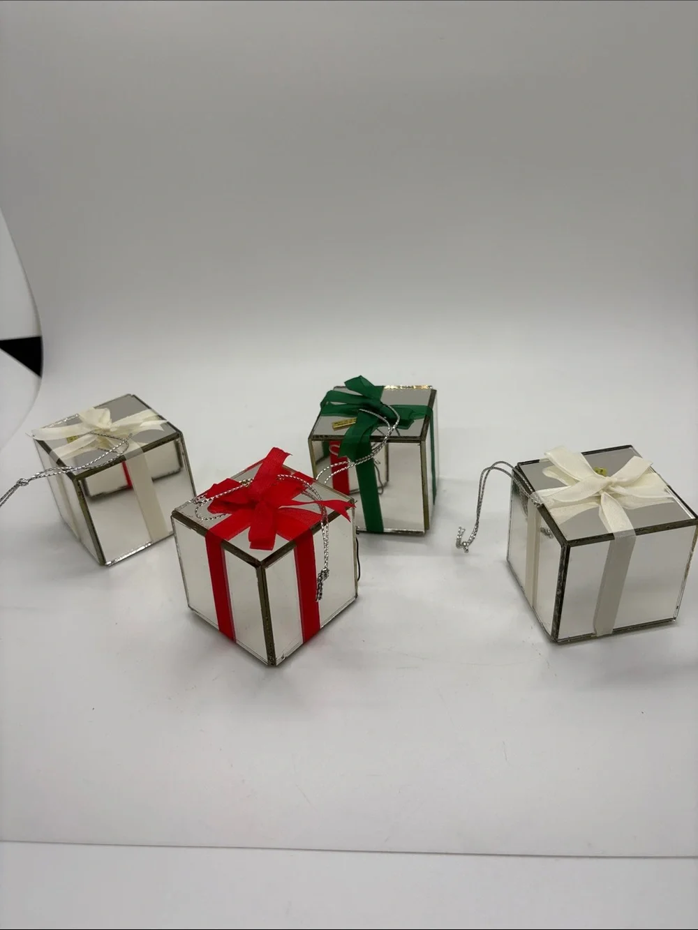 Mirrored Glass Gift Box Ornament with Red, Green, VTG